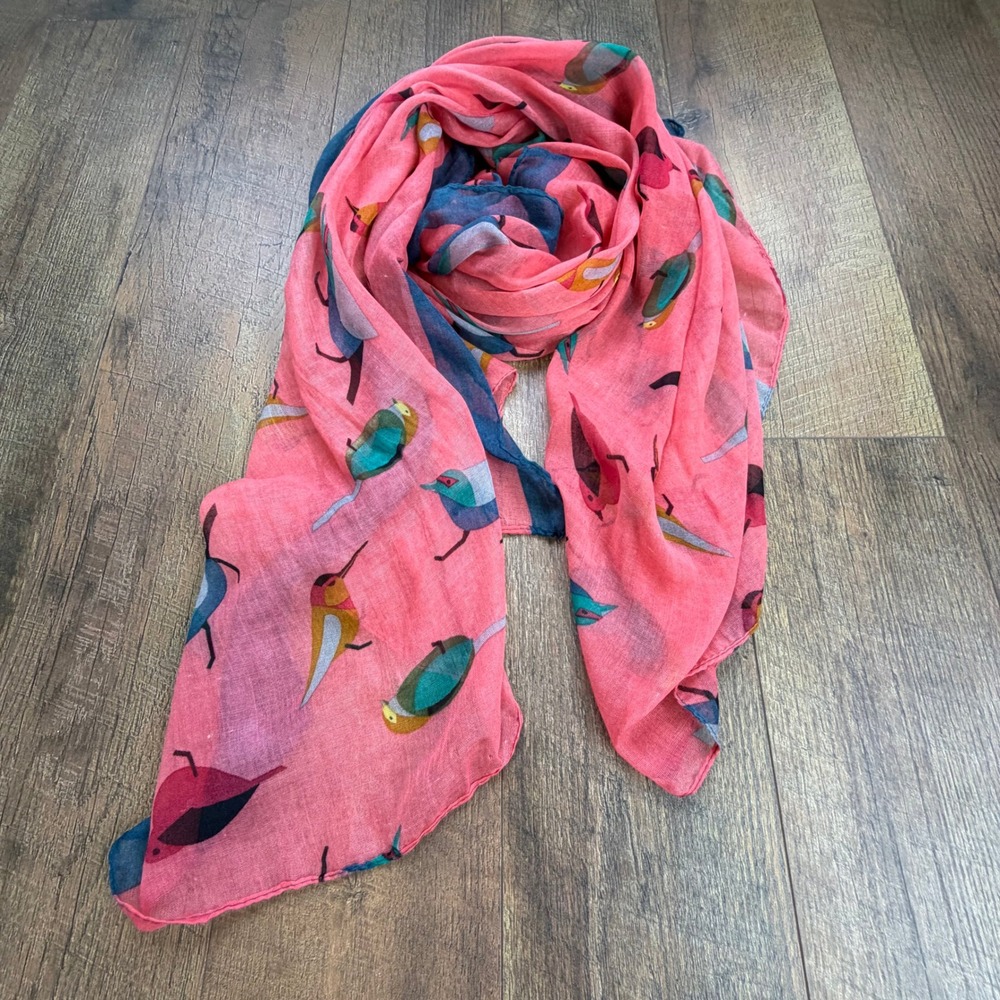 Colorful Bird Print Lightweight Polyester‎ Scarf Wrap Coral Navy Small